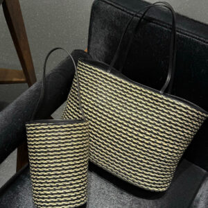 THE ROW Beau Rafia Old Money Style Striped Raffia Woven Bucket Tote Bag